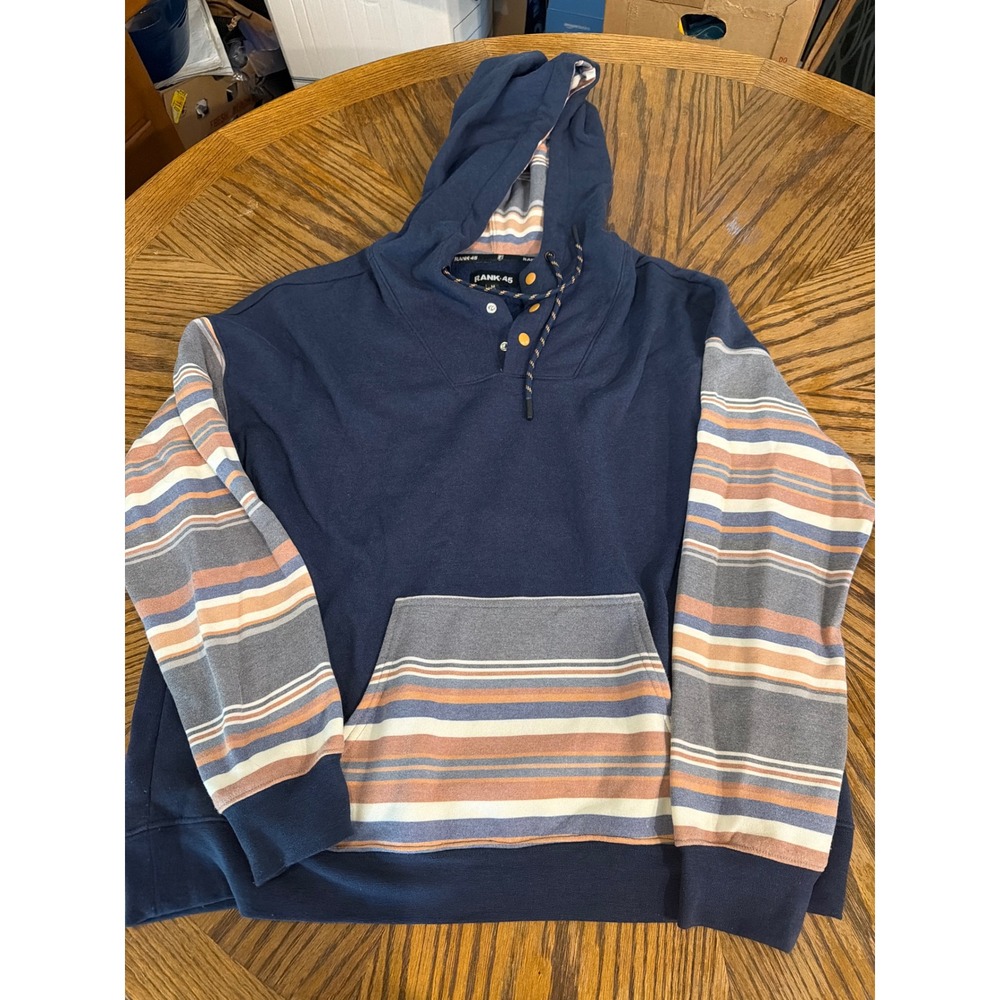 Rank 45 Mens Navy Blue Striped Sleeve Henley Hoodie Sweatshirt Medium